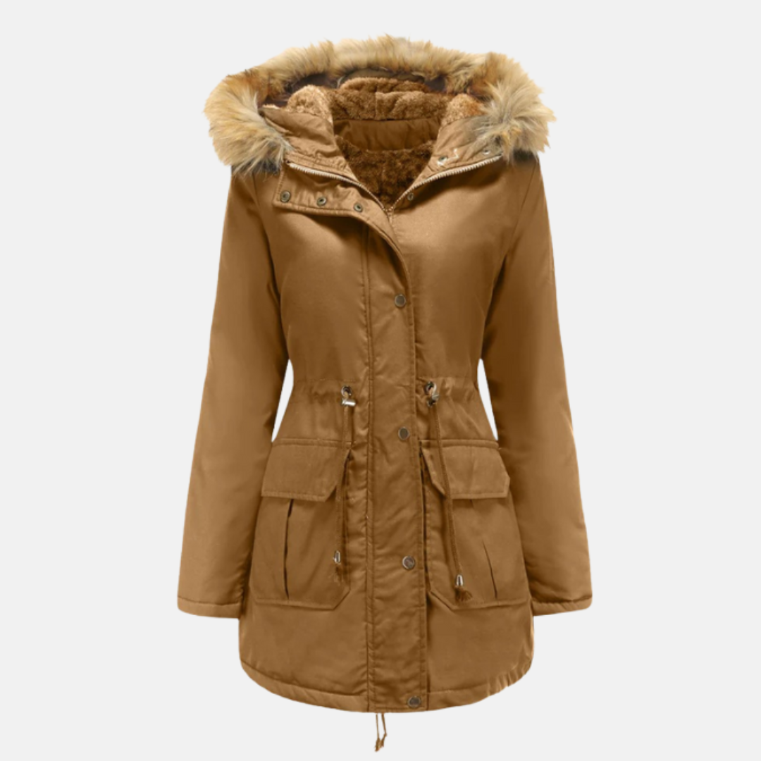 Women's mid-thigh parka jacket fleece-lined with detachable faux fur hood, PU-leather exterior
