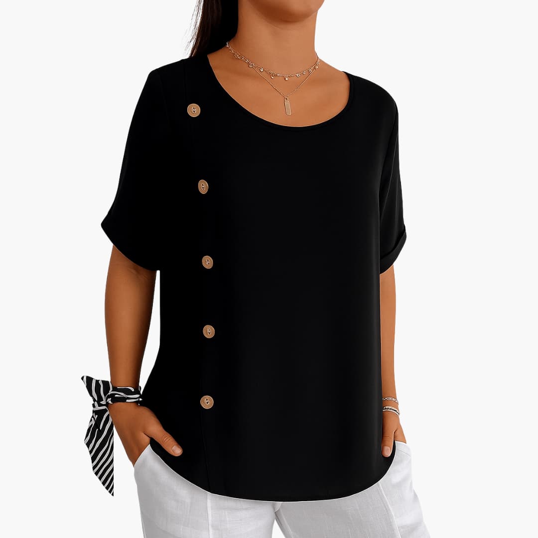 Women's lightweight loose-fit blouse, round neck, short sleeves, decorative side buttons, casual office style
