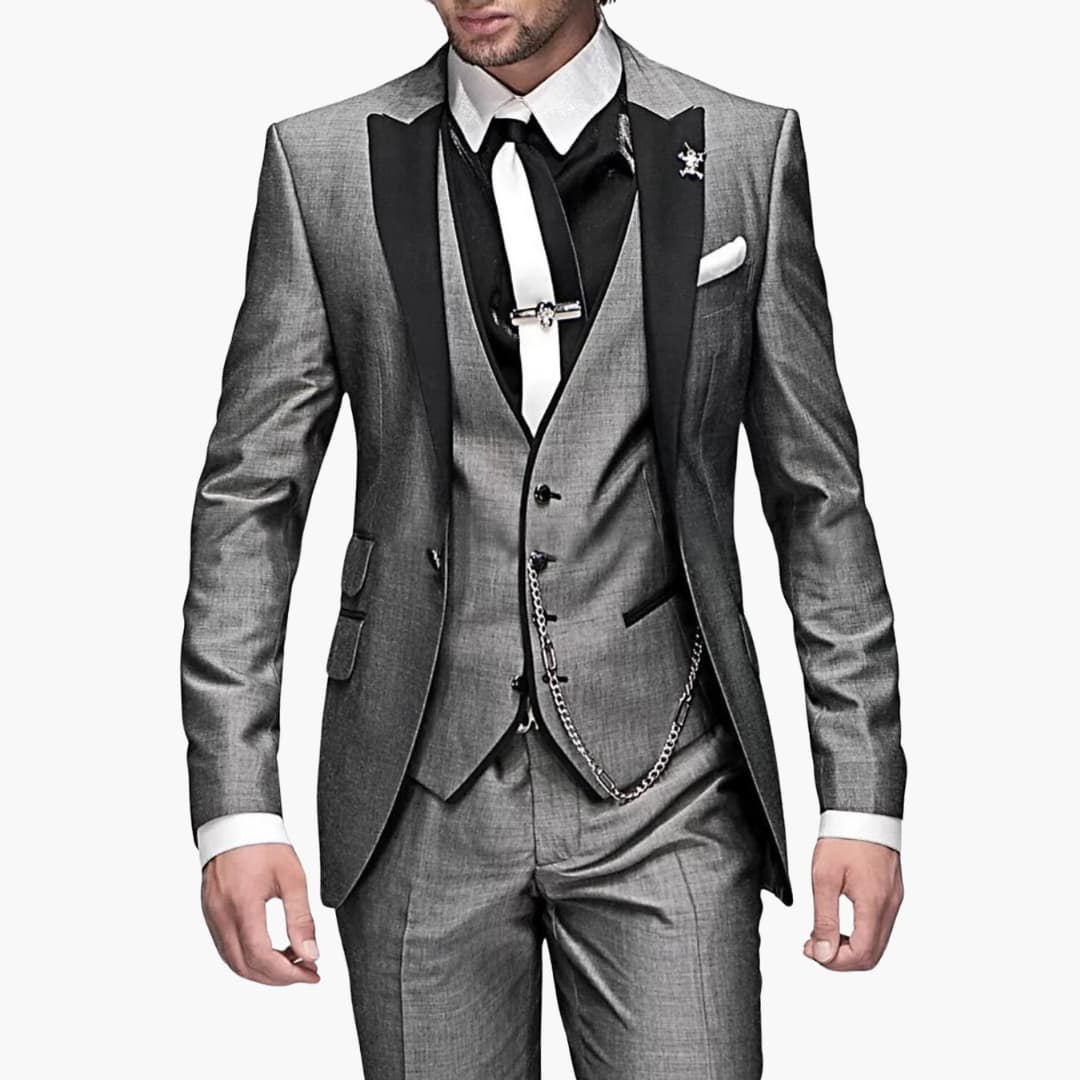 Men's black three-piece suit set with notched lapels, waistcoat, and tailored trousers for formal occasions