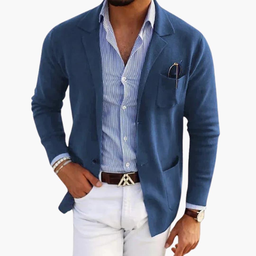 Men's gray knit blazer lapel collar smart casual slim fit front button closure office wear