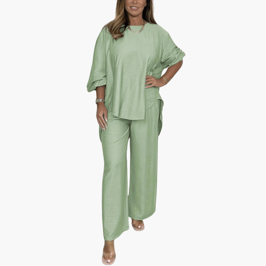 Women's beige loungewear set wide-leg pants loose blouse round neckline flowing silhouette