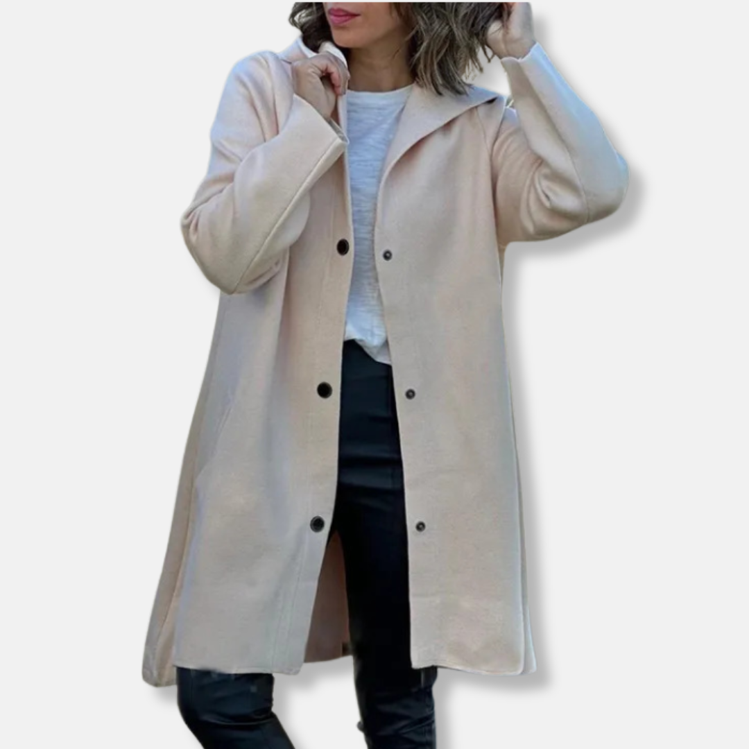Women's wool blend hooded coat relaxed A-line silhouette mid-thigh length snap button closure
