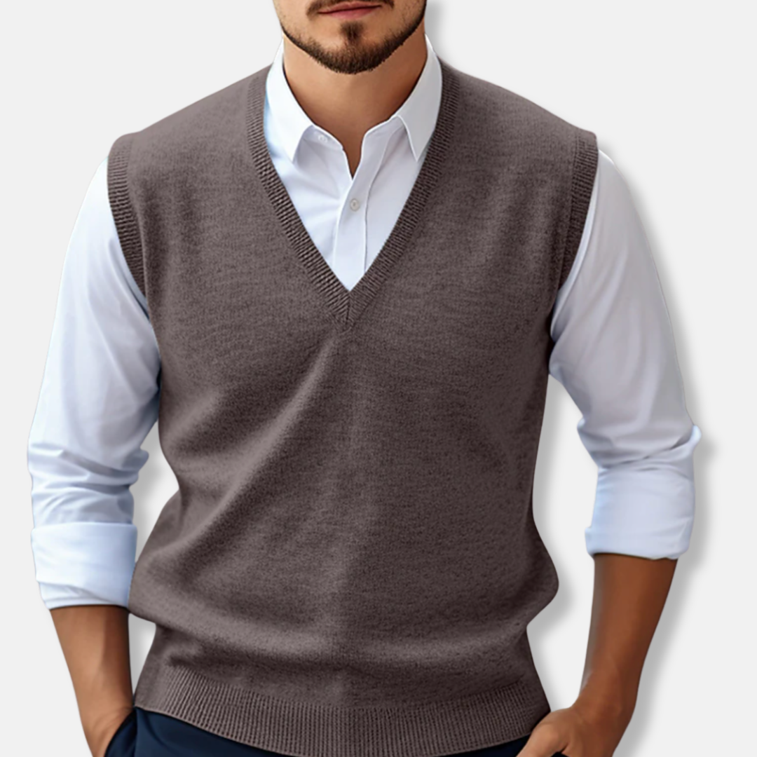Men's slim-fit ribbed V-neck sweater vest in breathable 100% cotton knit for layering