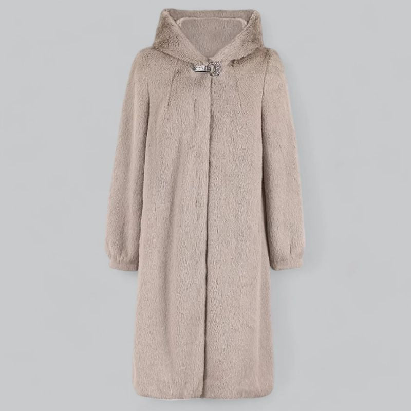 Women's ivory faux mink fur coat with hood, plush eco-friendly texture and hidden closures