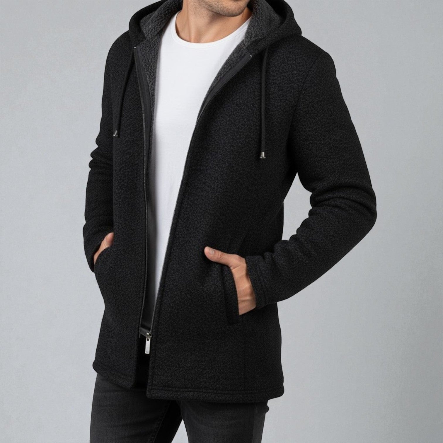 Men's longline fleece hoodie in casual style with extended cut for ultra-warm everyday comfort