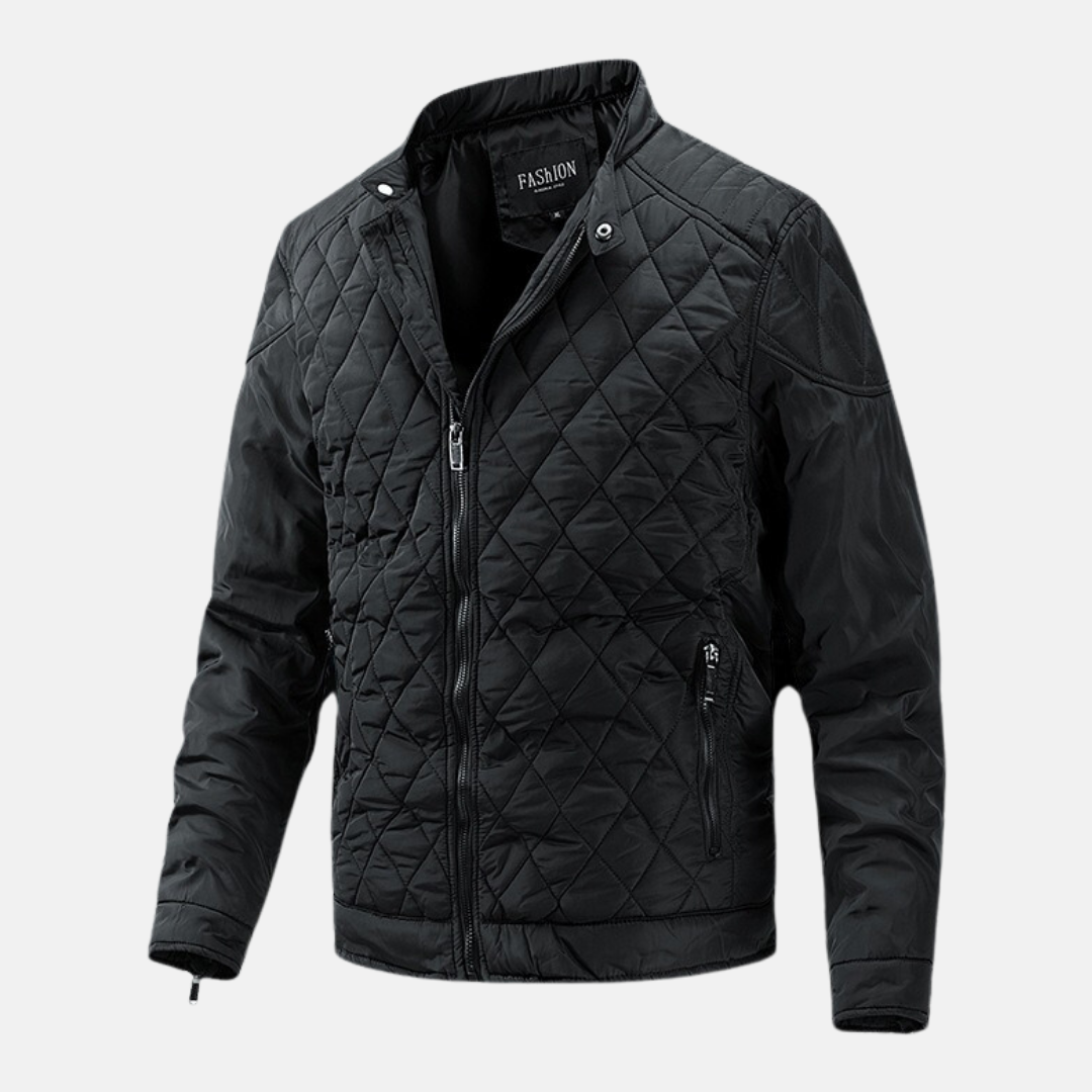 Men's wool blend slim fit quilted jacket with diamond pattern and stand collar, all-season winter coat