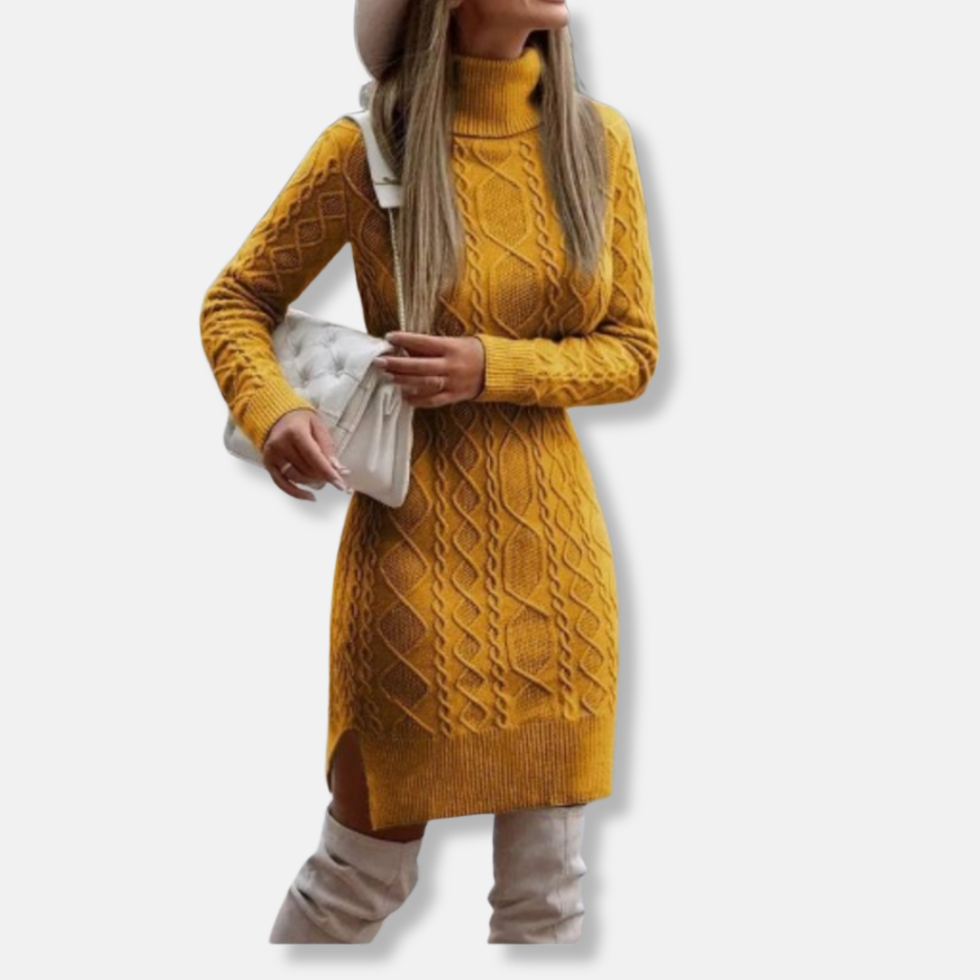 Women's wool blend knit mini dress, slim turtleneck silhouette with long sleeves and side slit