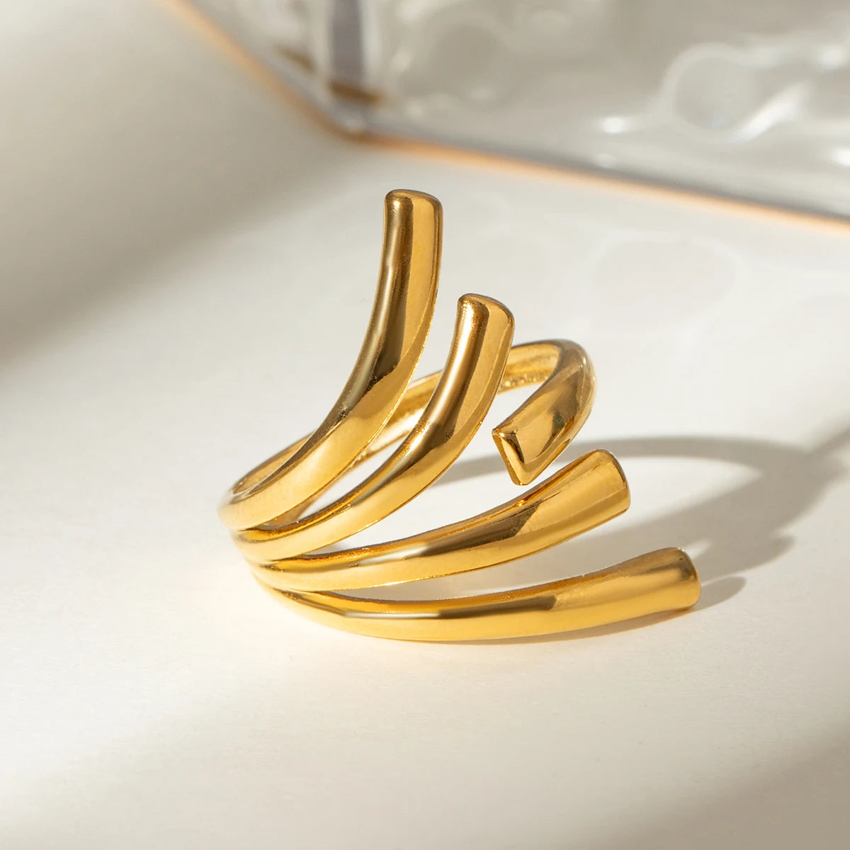 Stainless steel open fan arc ring high polish finish sculptural asymmetrical modern statement jewelry