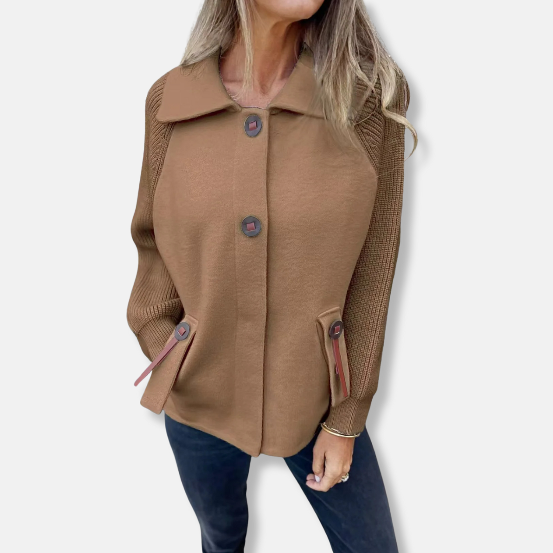 Women's relaxed fit jacket with textured knit sleeves, lapel collar, and button front closure