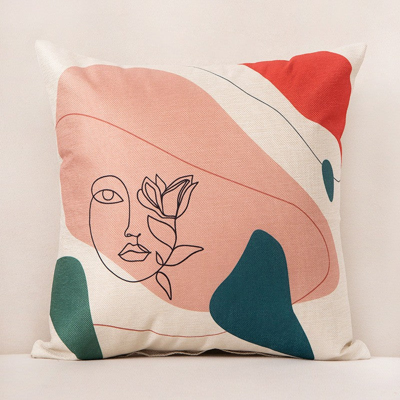 Abstract face line art polyester cushion cover, linen-like texture, bold colors, modern home decor