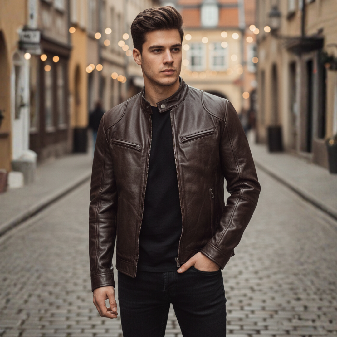 Men's black leather effect slim fit biker jacket with front zipper for daily urban wear