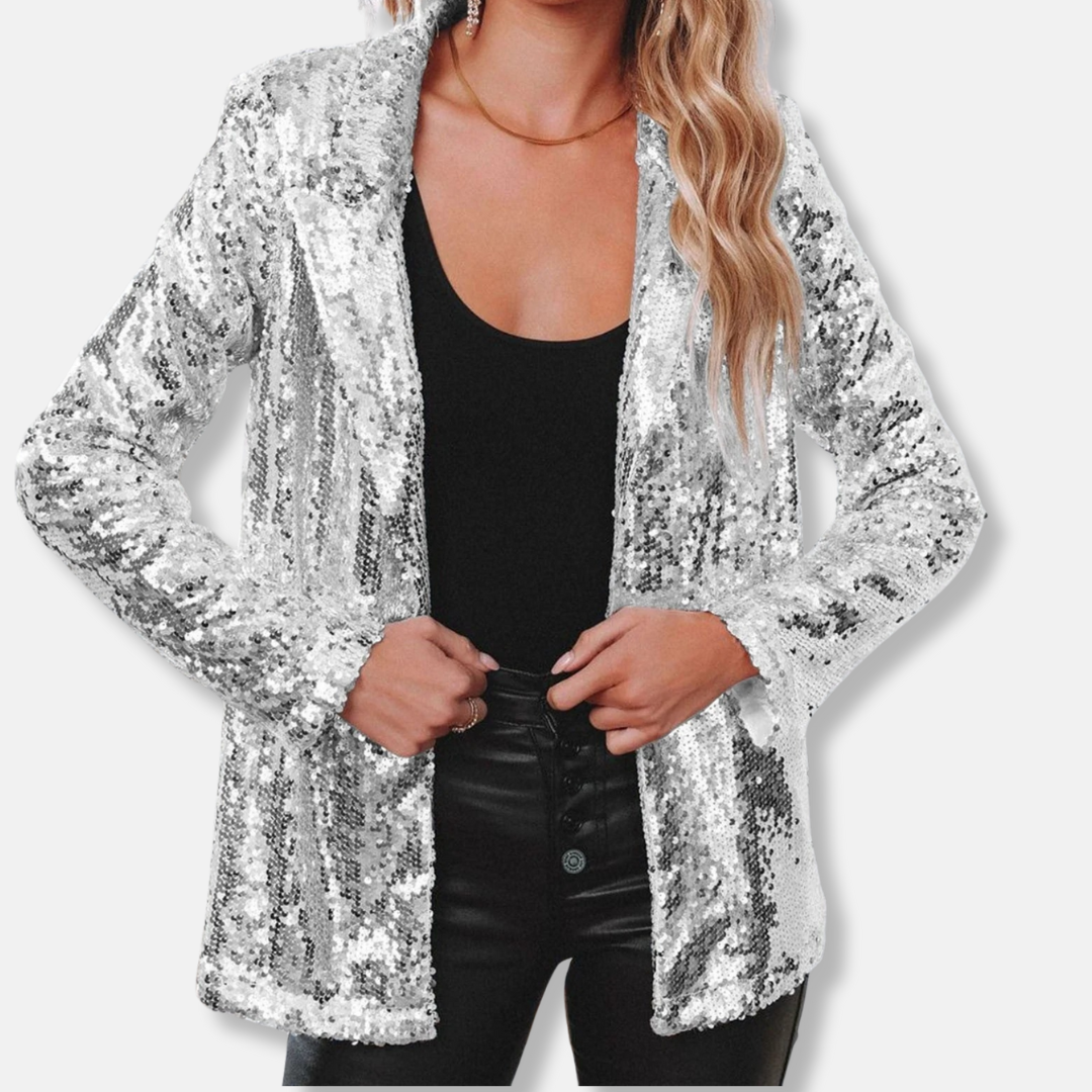 Women's relaxed hip-length party blazer with sequin embellishments and classic collar