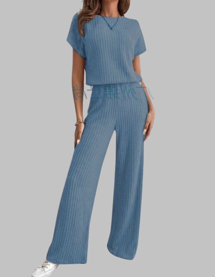 Nora | Women's Ribbed Two Piece Set Short Sleeve Top Wide Leg Pants