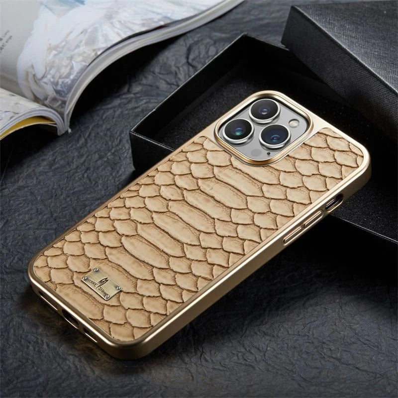 Python-textured iPhone case with gold alloy frame, snake-scale pattern, luxury fashion design