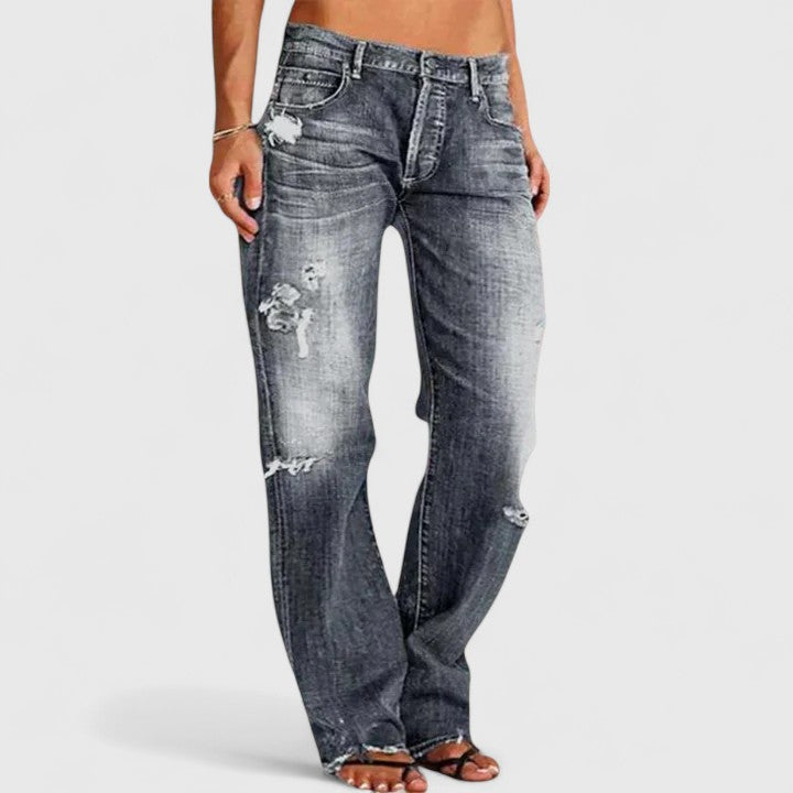 Light blue relaxed straight-leg jeans with vintage distressed accents for a flattering everyday fit