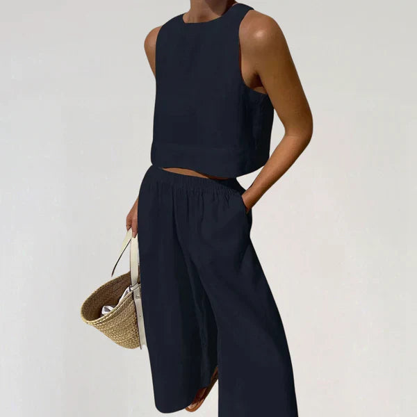 Women's linen set sleeveless cropped top wide leg pants breathable casual luxury summer outfit