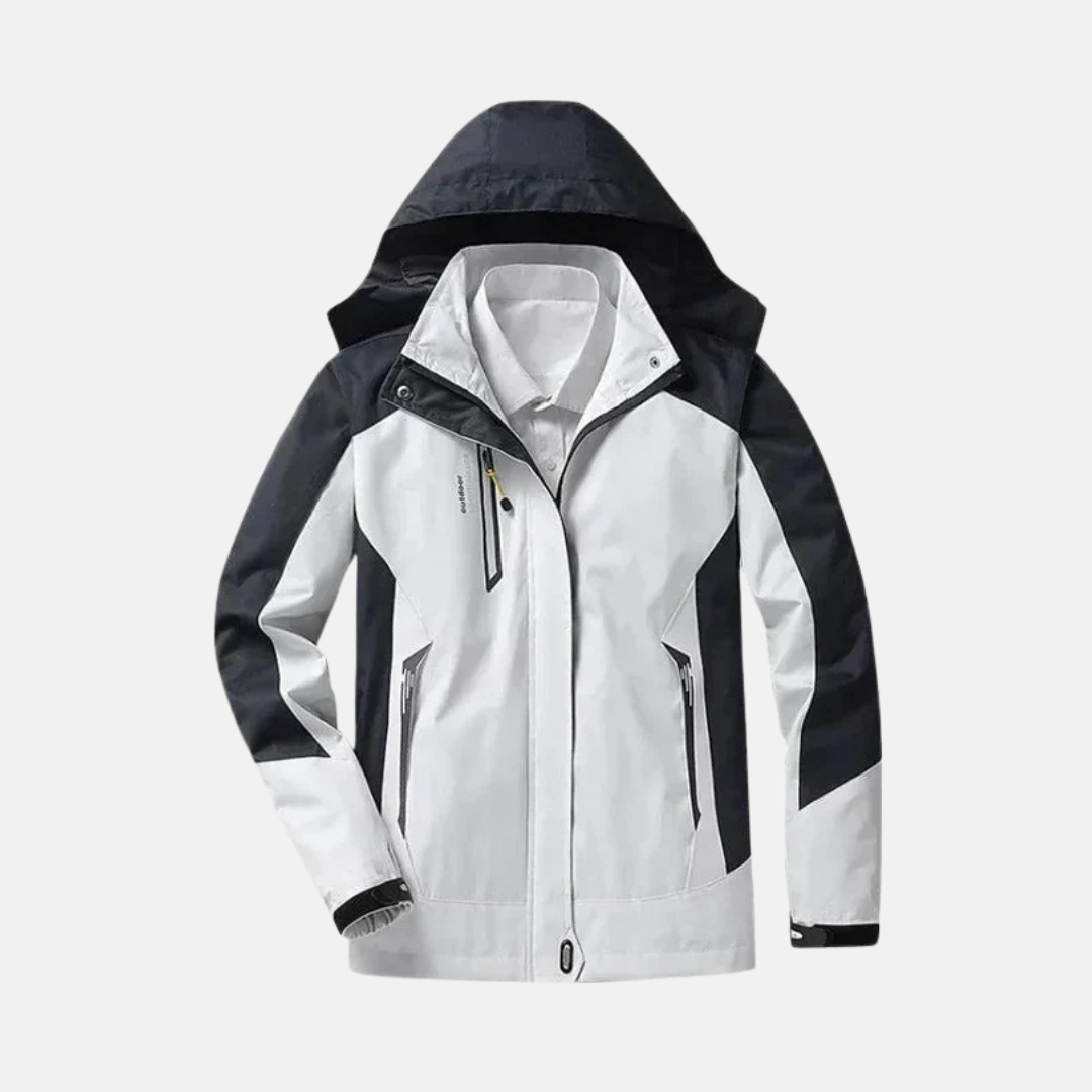 Women's black hooded zip-up jacket with stand collar structured regular fit for active outdoor wear