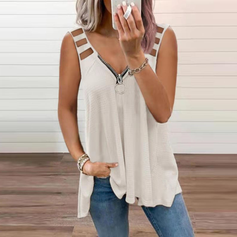 Bold red women's sleeveless blouse with shoulder cutouts and crossed straps for casual elegance