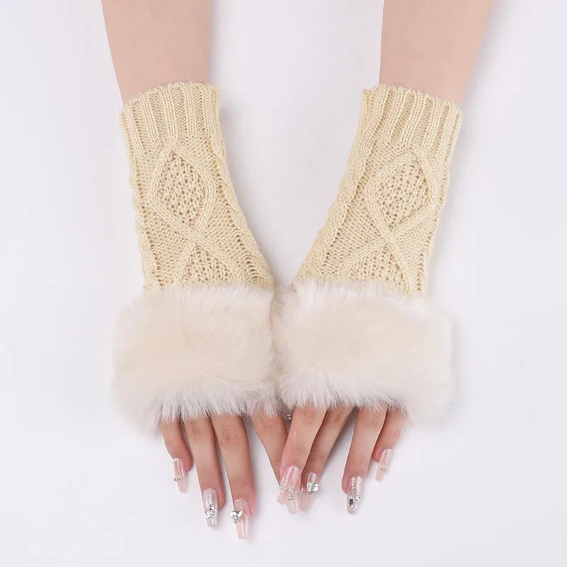 Ivory faux fur cable-knit fingerless cuffs with oversized plush trim, stretch-fit cold-weather wrist warmers