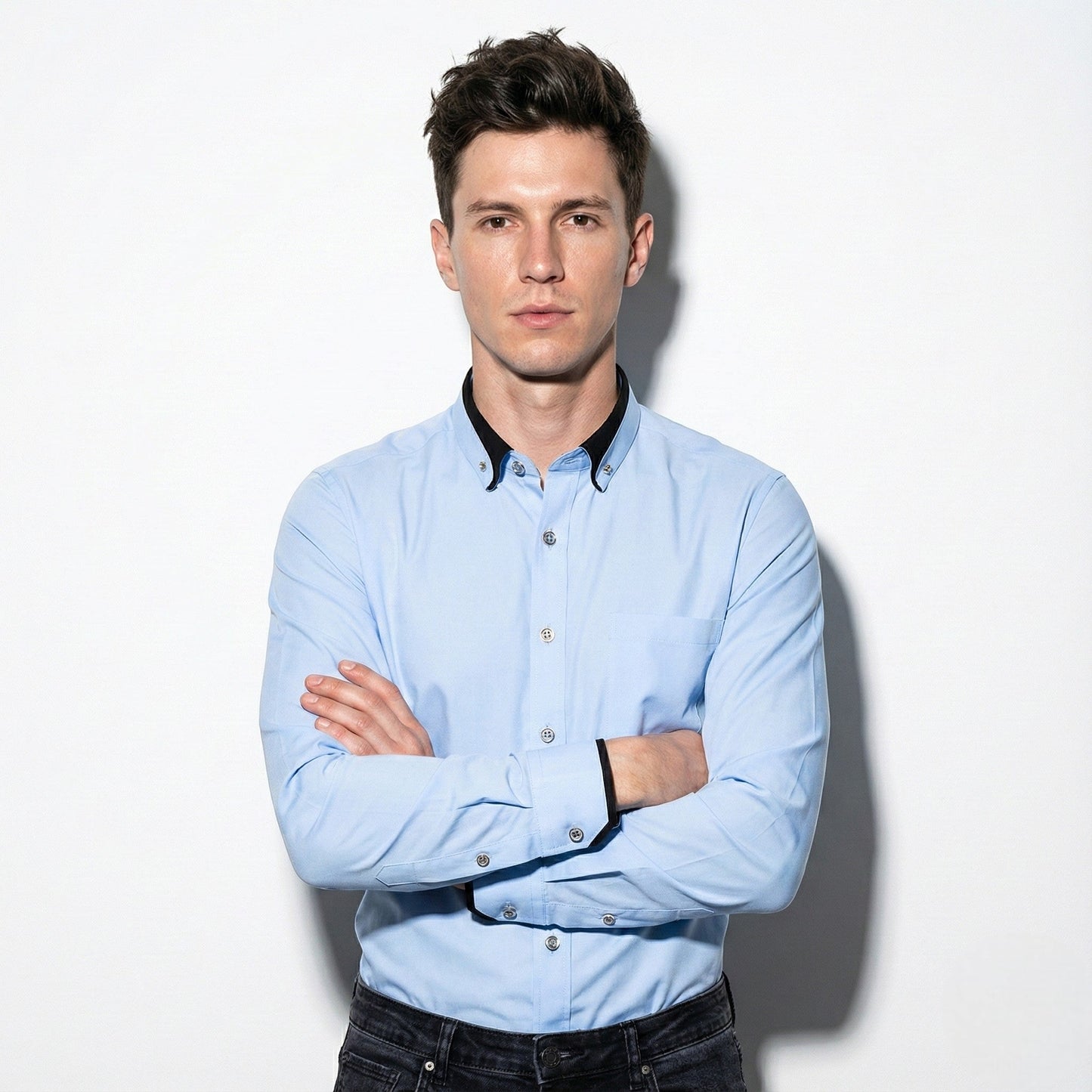 Men's wrinkle-free stretch dress shirt with stand-up collar, slim professional cut