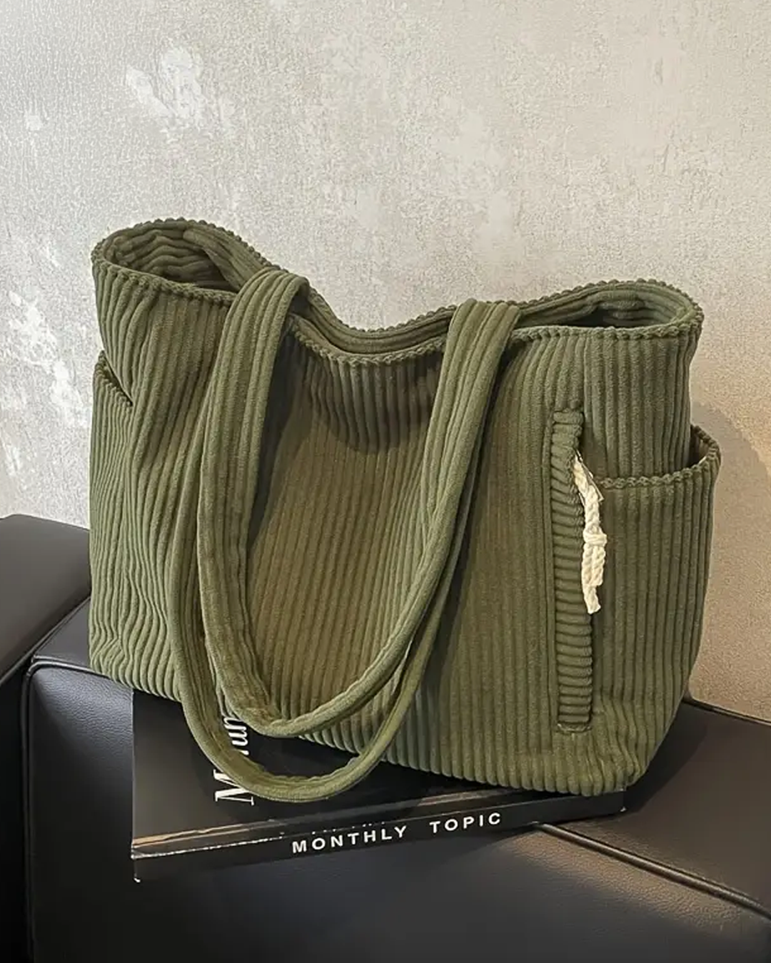 Aubrey corduroy tote bag for women, soft ribbed texture with roomy interior and side pocket