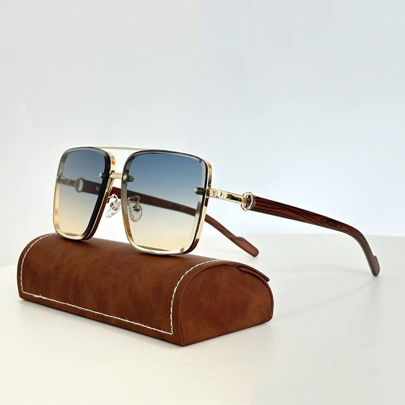 Retro square gradient sunglasses gold detailing wooden arms UV400 unisex eyewear