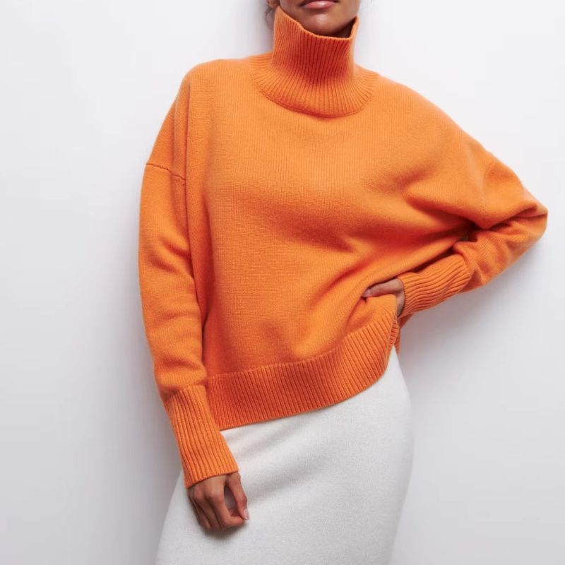 Women's beige soft knit sweater high collar plush texture cozy everyday essential