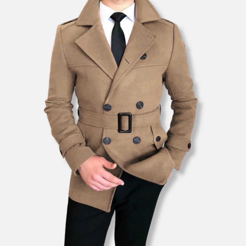 Burgundy wool blend double breasted belted jacket men tailored fit smart-casual silhouette