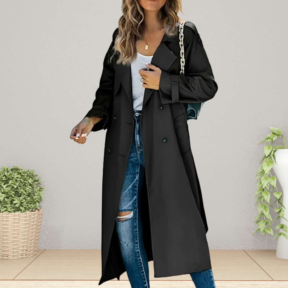Women's double-breasted longline trench coat in classic style with polished button-front closure