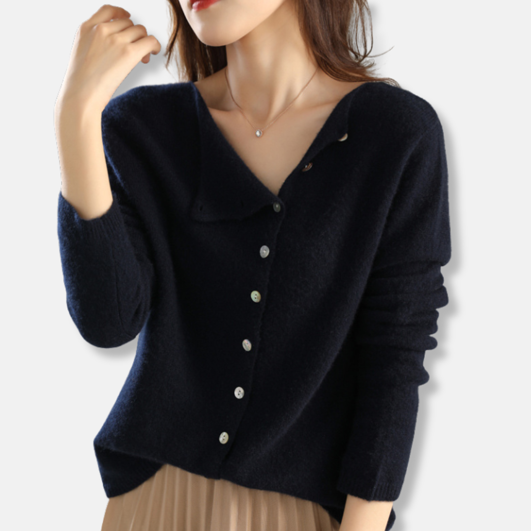 Women's relaxed-fit knit cardigan with asymmetrical neckline and ribbed cuffs, everyday elegant style