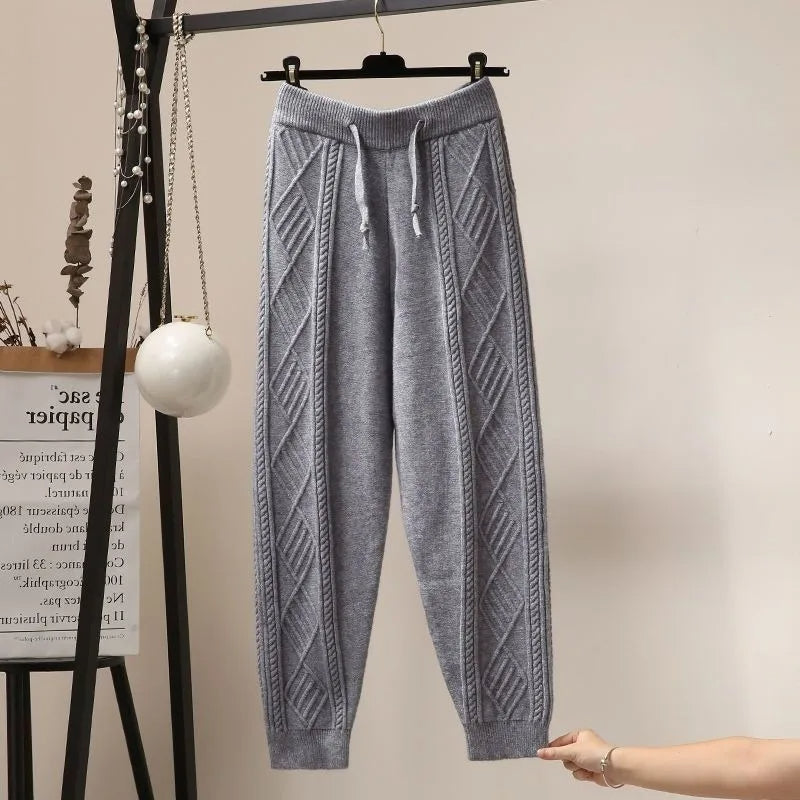 Women's gray diamond cable knit lounge jogger pants with drawstring waist, relaxed fit ultra-soft knit