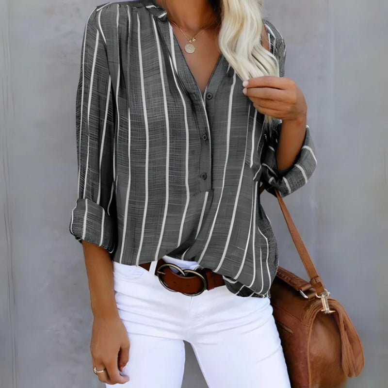 Women's lightweight vertical stripe button-front blouse with shirttail hem, soft breathable fabric