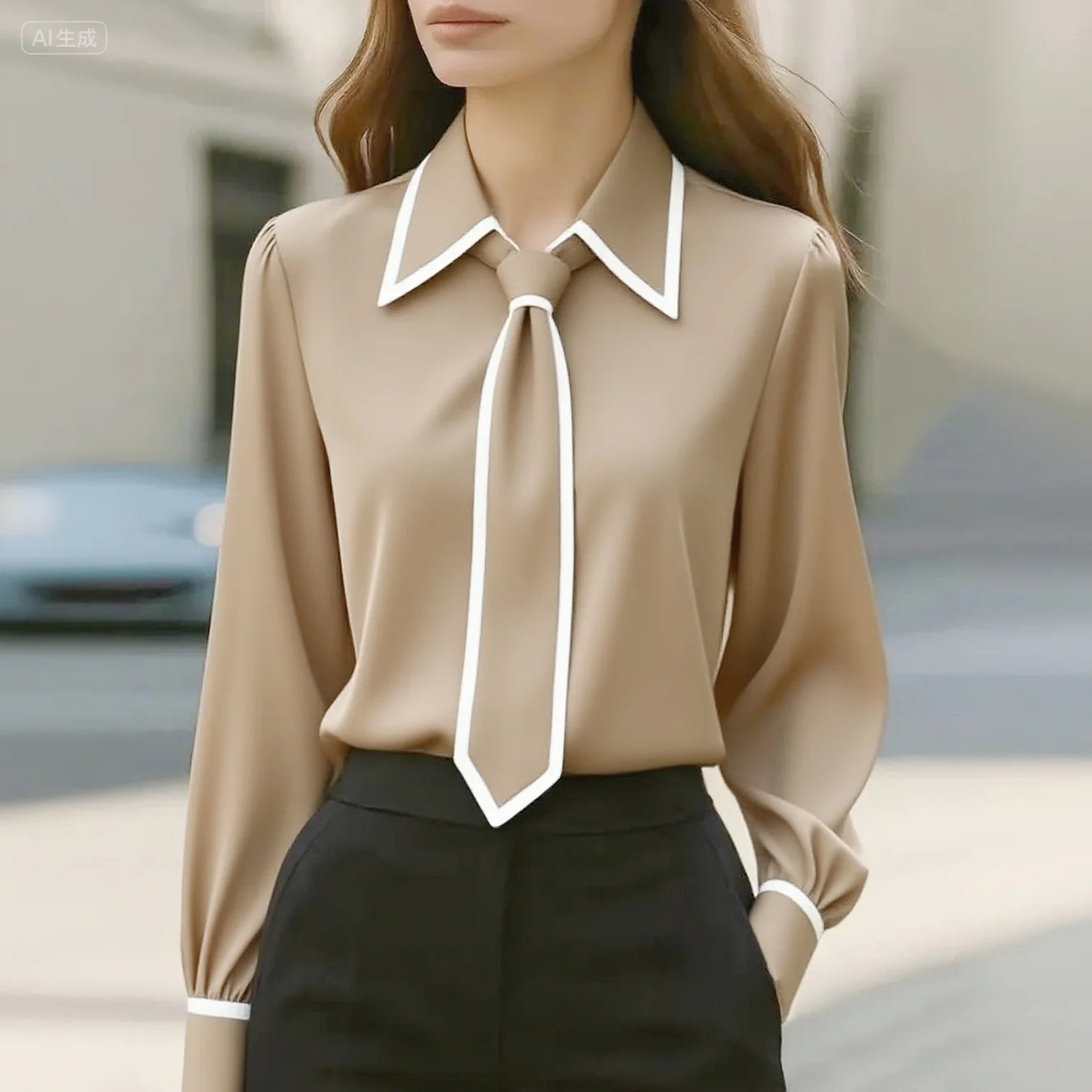 White contrast piping blouse with oversized collar and detachable tie, wrinkle-resistant cotton blend