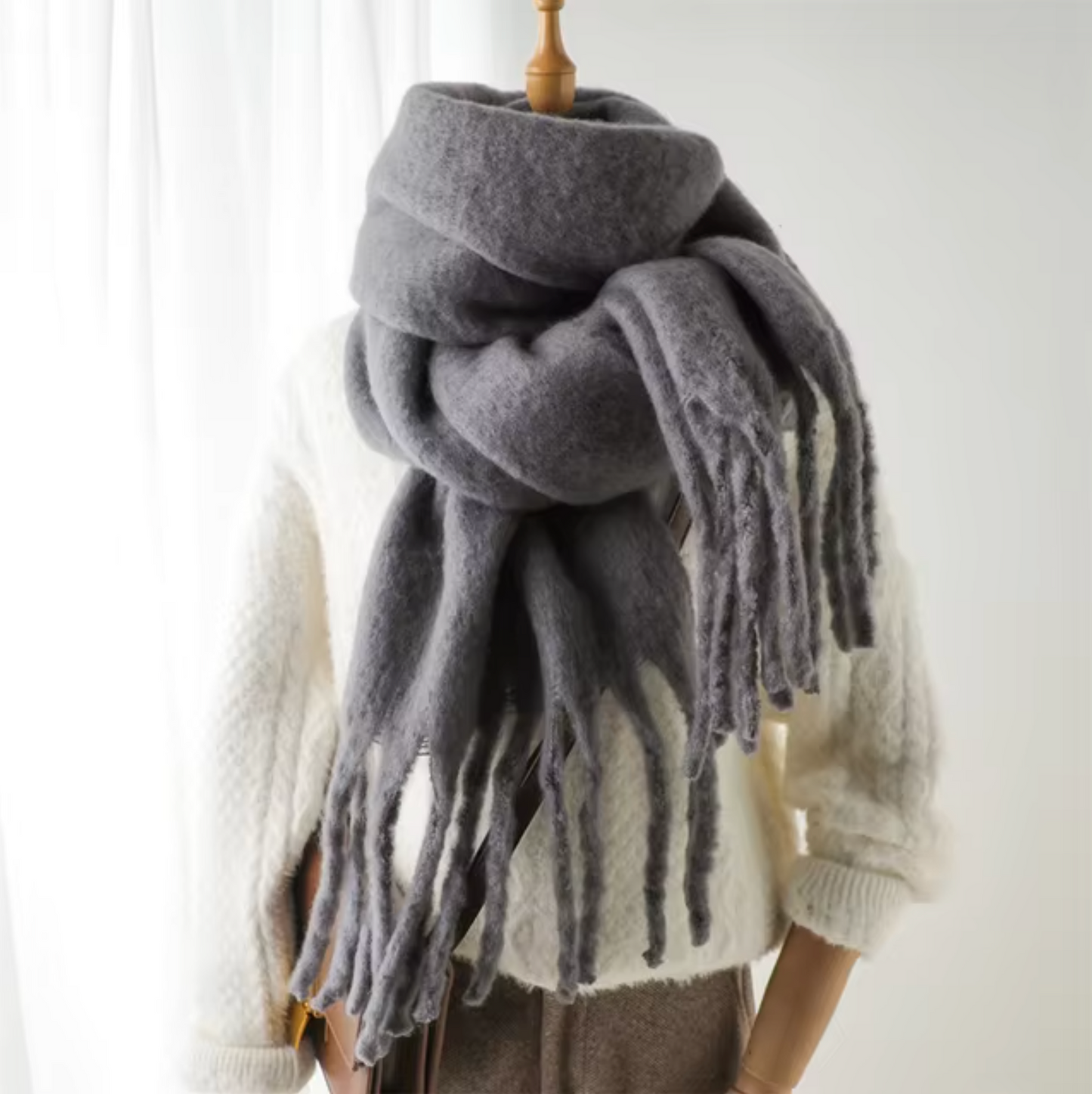Women's cashmere-like pashmina winter scarf with long fringe, soft solid wrap for cozy warmth