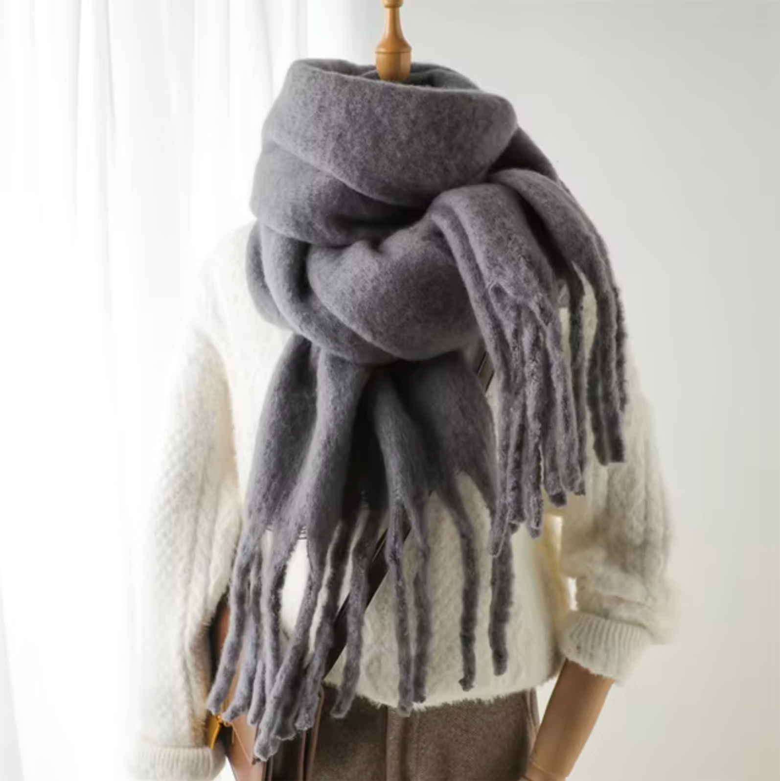 Women's cashmere-like pashmina winter scarf with long fringe, soft solid wrap for cozy warmth