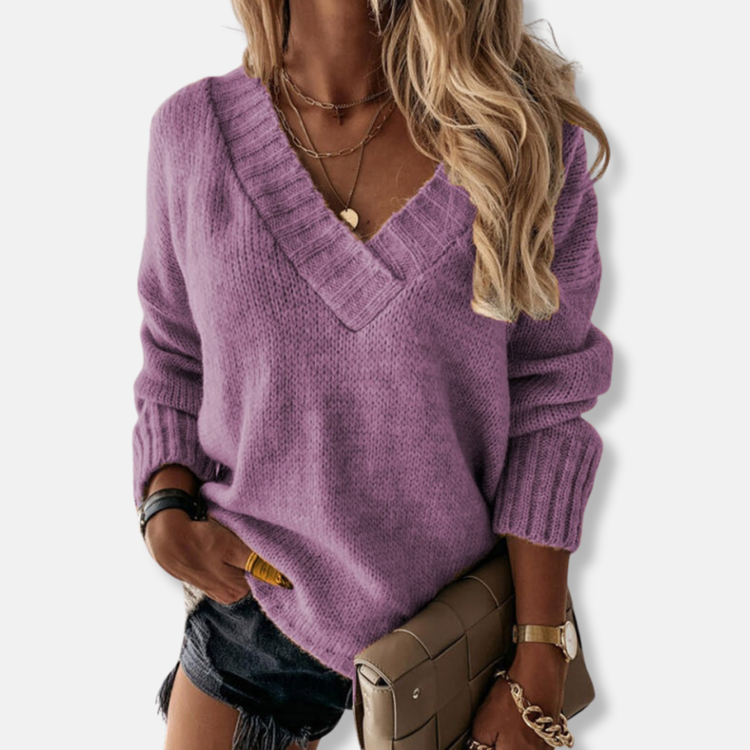 Women's deep V-neck knit sweatshirt relaxed fit long sleeve ribbed hem cozy everyday warmth