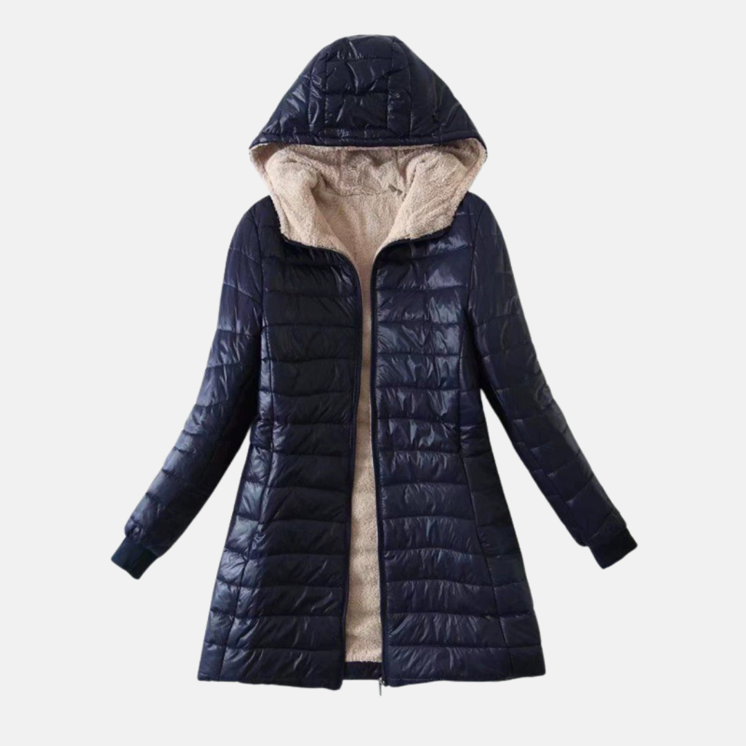 Women's mid-length hooded puffer coat quilted exterior plush lining regular fit winter outerwear