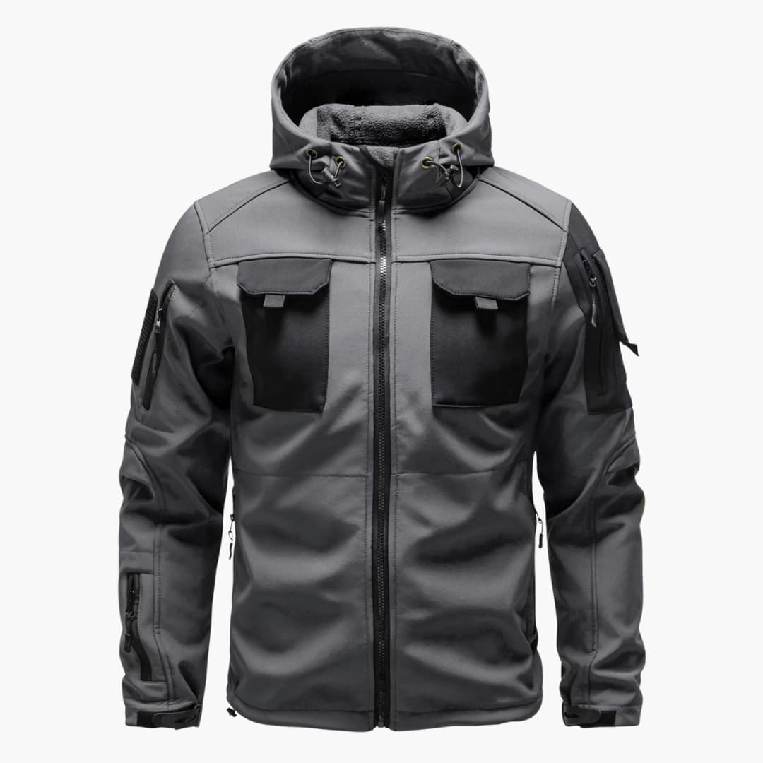 Men's gray softshell hooded jacket with full-zip front, adjustable cuffs, and multiple pockets