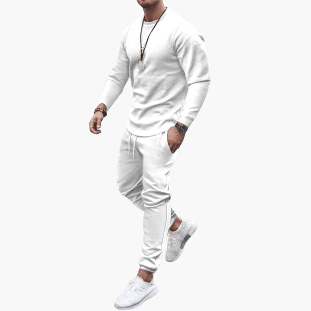 Men's two-piece gray long-sleeve top and pants set with round neckline and side pockets