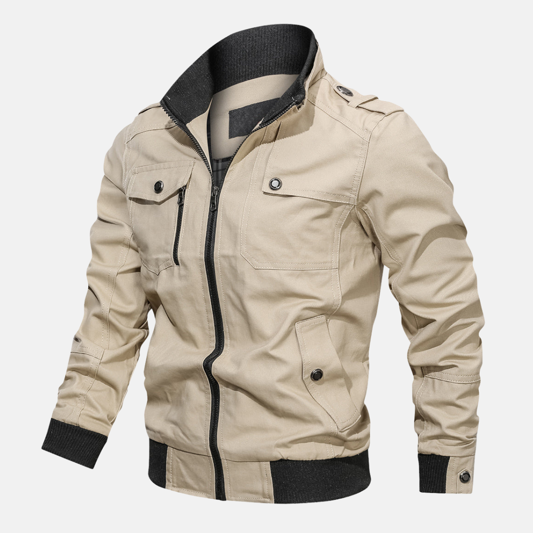 Men's navy bomber jacket regular fit woven fabric with epaulettes and zipper closure