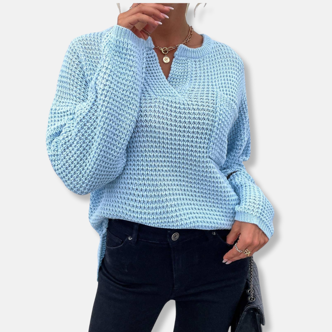 Women's relaxed-fit waffle knit sweater with notched round neck and long cuffed sleeves, cozy cotton blend