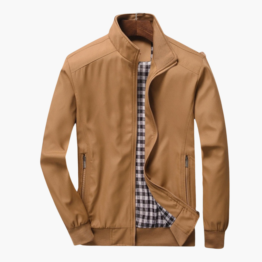 Men's black bomber jacket stand-up collar front zipper zippered side pockets casual everyday style