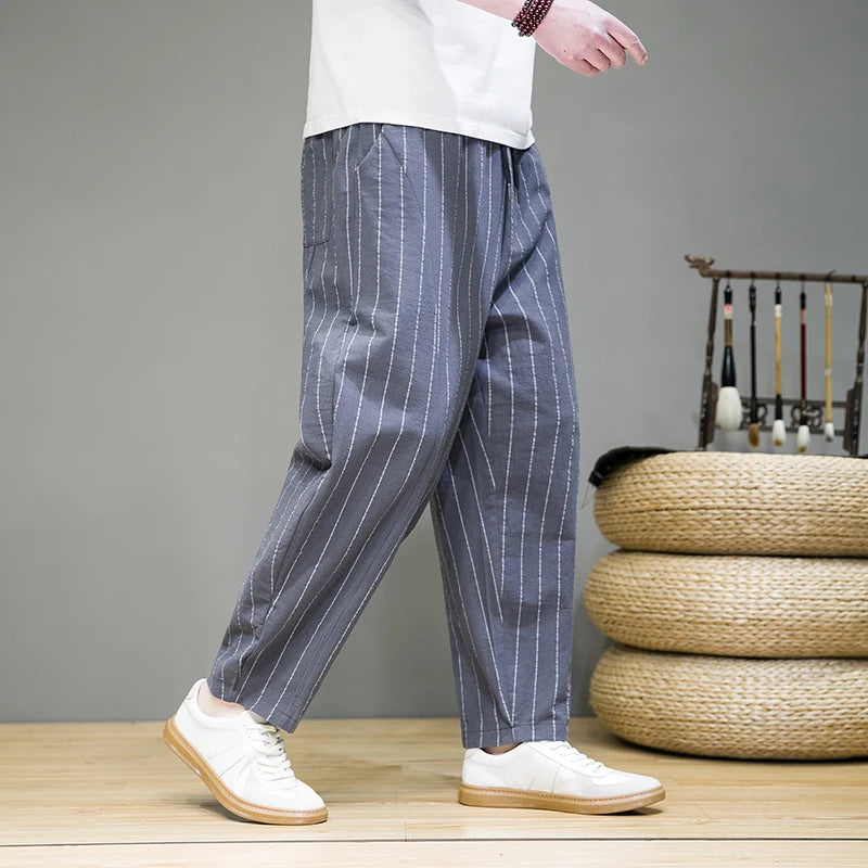 Navy blue pinstripe wide-leg lounge pants relaxed fit lightweight cotton weekend comfort