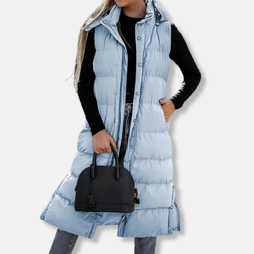 Women's black ankle-length quilted puffer vest relaxed fit hoodie with side slits sleeveless