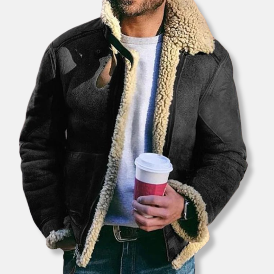 Men's brown suede aviator jacket with shearling lining, regular fit, zipper front closure
