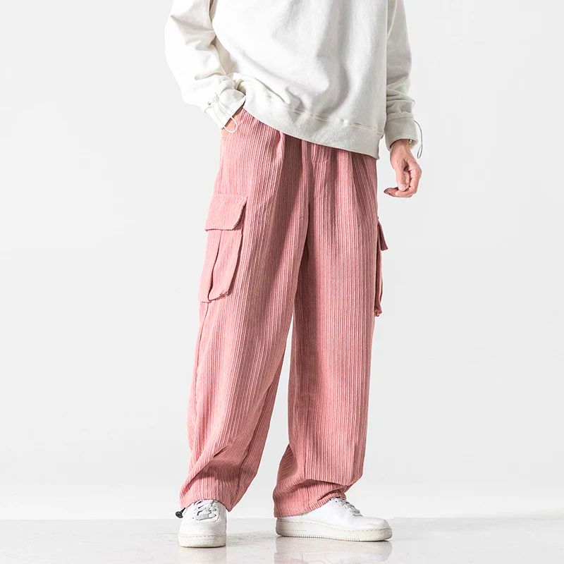 Unisex brown corduroy pants relaxed fit with drawstring waist and oversized pockets