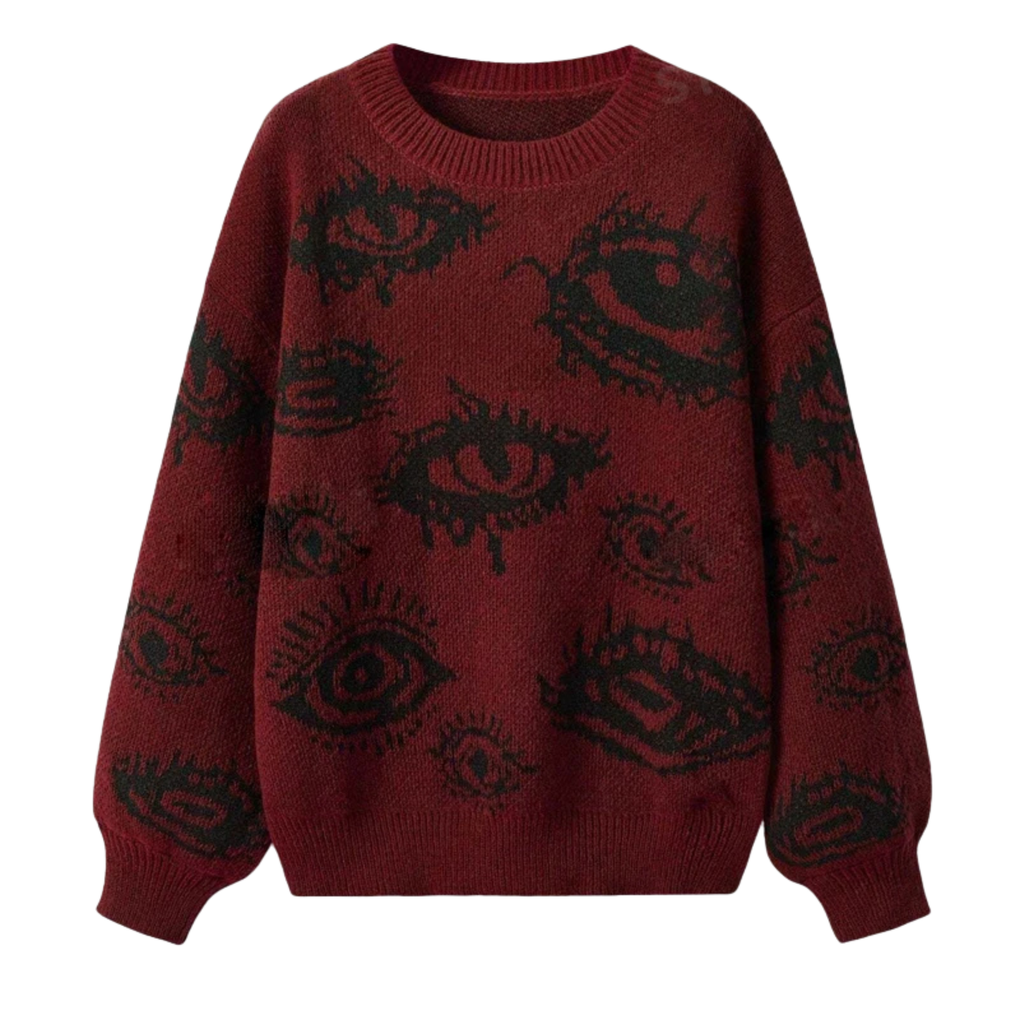 Oversized brutalist knit sweater acrylic blend with all-over distorted eye jacquard motif streetwear