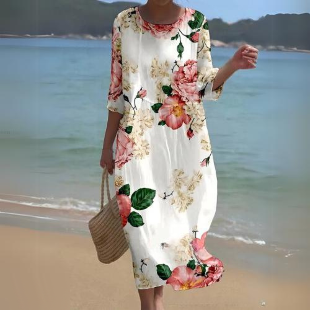 Floral midi dress light airy viscose 3/4 sleeve round neck garden party women