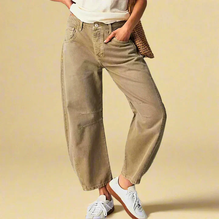 Women's vintage wash trousers with knee stripe detail, relaxed sustainable fit for trendy everyday comfort