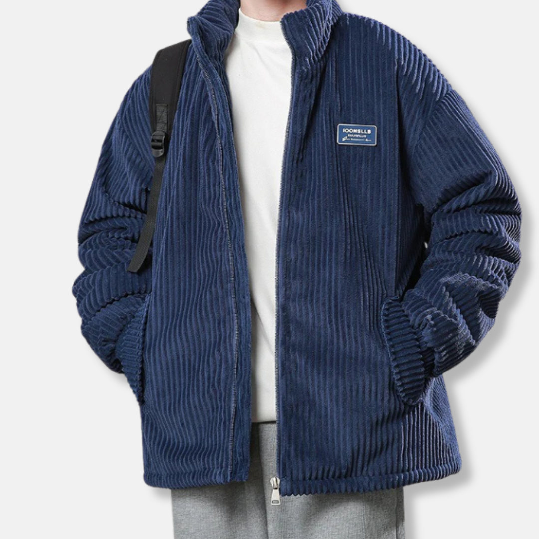Men's black ribbed relaxed fit puffer jacket with stand collar and hip-length modern silhouette